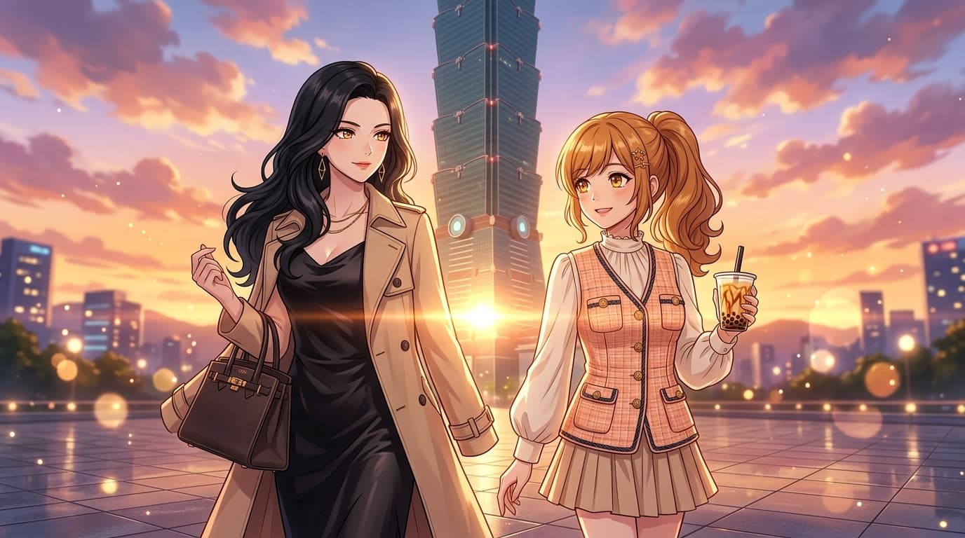 Victoria & Phoebe 台北 101 噴泉廣場尊榮抵達 · 駝色風衣與手作黑糖珍奶