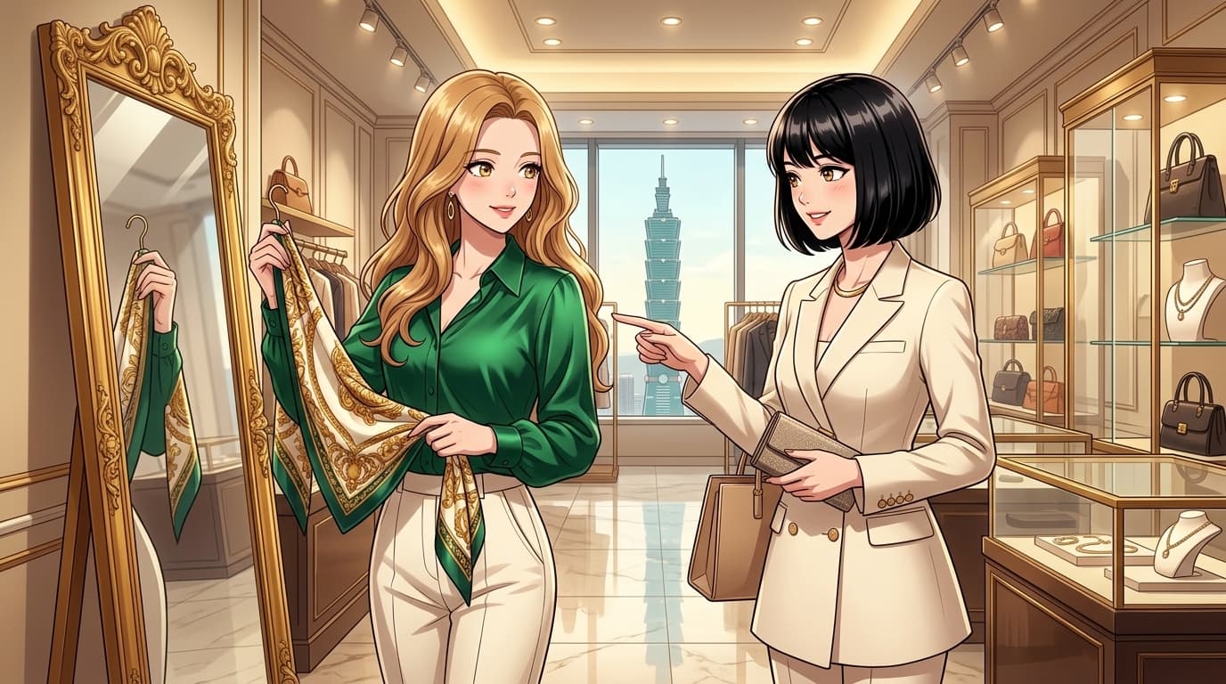 Olivia & Mira 台北 101 精品旗艦大道絲巾試戴 · 祖母綠真絲襯衫與極簡奶油白西裝