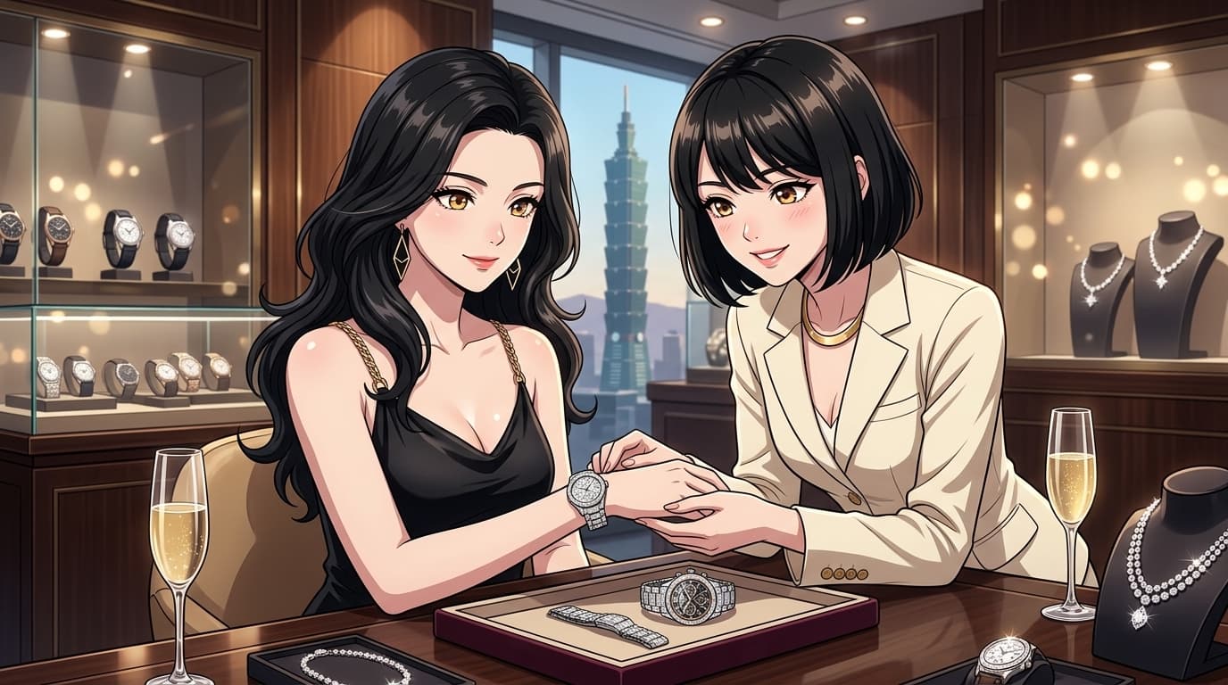 Victoria & Mira 瑞士頂級陀飛輪腕錶與高級珠寶沙龍 · 絲絨貴賓鑑賞與晶透香檳