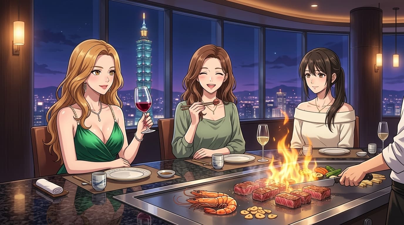 Olivia, Emma & Iris 頂級 A5 宮崎和牛與大蝦鐵板燒盛宴 · 金黃火焰煎烤與頂級紅酒微醺