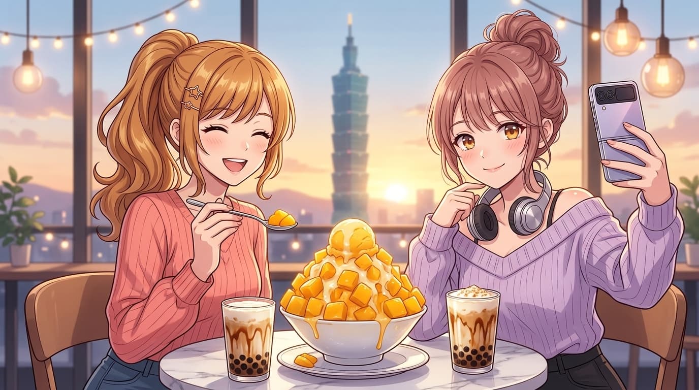 Phoebe & Sophie 極品愛文芒果雪花冰與黑糖珍奶 · 摺疊手機甜蜜自拍與午後歡笑
