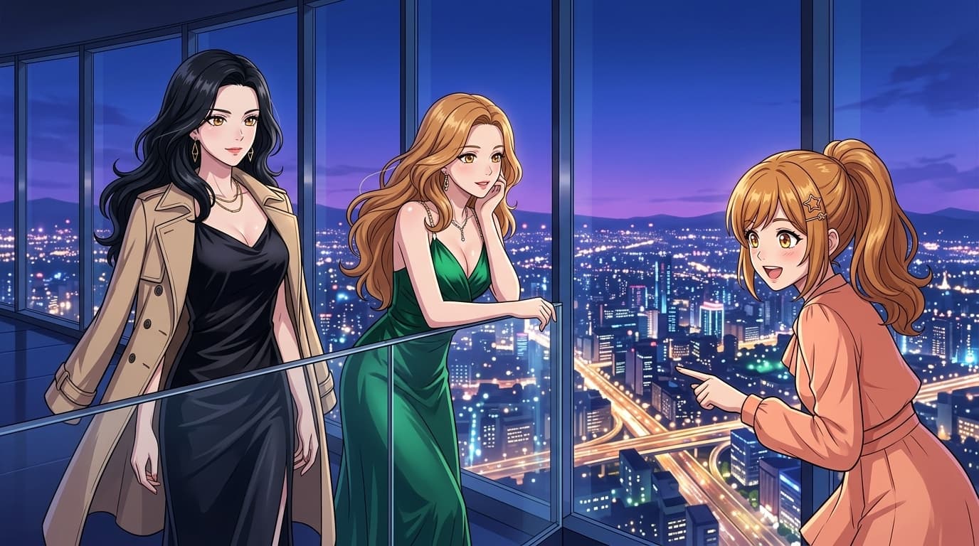 Victoria, Olivia & Phoebe 89 樓觀景台藍調夜幕俯瞰全城 · 百萬閃爍車流與大落地窗倒影
